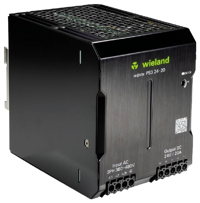 Ein schwarzes elektrisches Gerät mit der Aufschrift 'Wieland' und 'Output DC 24V/20A', zeigt Eingangs- und Ausgangsanschlüsse.