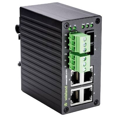 Schwarzes, rechteckiges Netzwerkgerät mit grünen Anschlussklemmen und vier Ethernet-Ports, geeignet für industrielle Anwendungen.