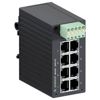 Ein schwarzer, industrieller Ethernet-Switch mit 8 RJ45-Ports für Netzwerkverbindungen und grüner Anschlussschnittstelle oben.