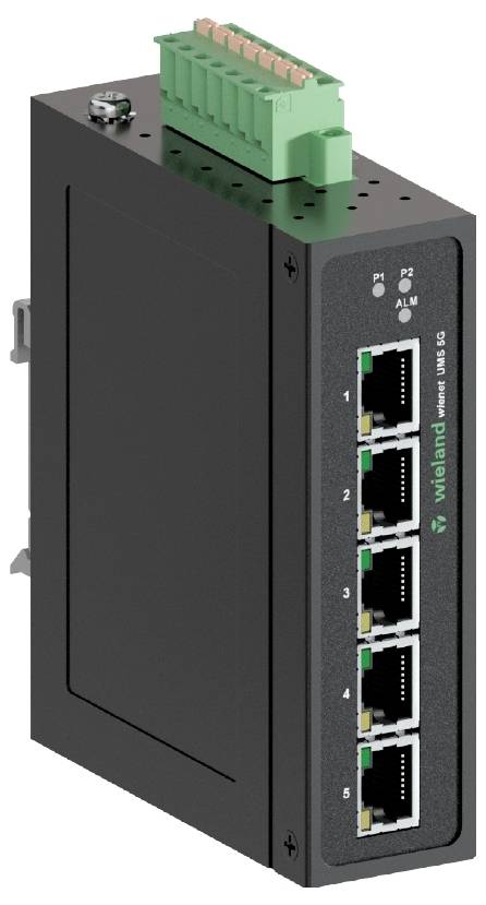 Industrieller Ethernet-Switch mit fünf Netzwerkanschlüssen und grüner Stromanschlussleiste auf der Oberseite.