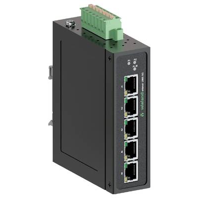 Industrieller Ethernet-Switch mit fünf Netzwerkanschlüssen und grüner Stromanschlussleiste auf der Oberseite.