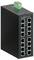 Ein schwarzer industrieller Ethernet-Switch mit 16 LAN-Anschlüssen und einem grünen Anschlussblock oben.