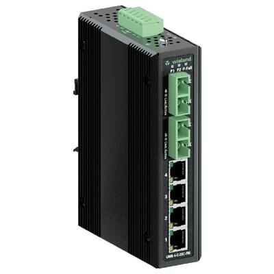 Industrie-Router in schwarzem Gehäuse mit grünen Anschlüssen und vier Ethernet-Ports. Modellbezeichnung 'UMS 4-C-3SC-FM'.