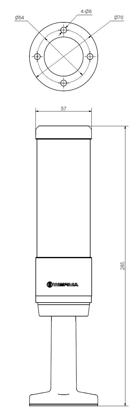 Technische Zeichnung eines zylindrischen Geräts mit den Maßen: Höhe 305 mm, Breite 57 mm. Zeigt eine obere und seitliche Ansicht mit Befestigungspunkten.