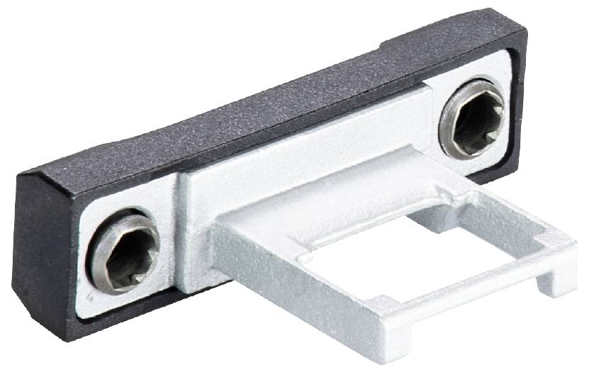 Ein rechteckiger, metallischer Türschließhalter mit zwei Schraubenlöchern und einer rechteckigen Öffnung zur Befestigung an Türen.