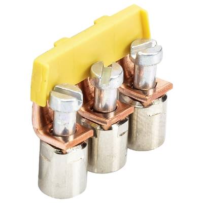 Drei Metallanschlüsse mit gelbem Kunststoffteil oben, verbunden durch Kupferelemente. Elektrische Klemmen zum Verbinden von Leitungen.