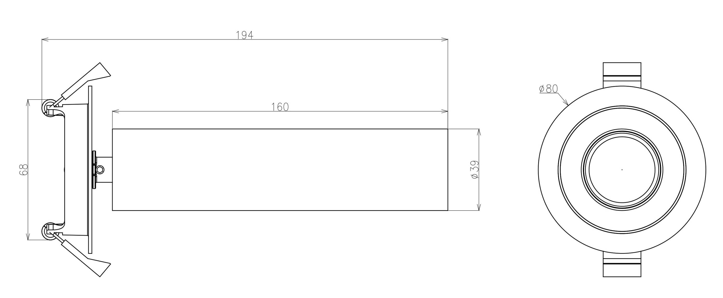Flächiges technisches Diagramm eines rechteckigen Lüfters aus zwei Perspektiven, mit Bemaßungen: Länge 194 mm, Breite 80 mm, Tiefe 93 mm.