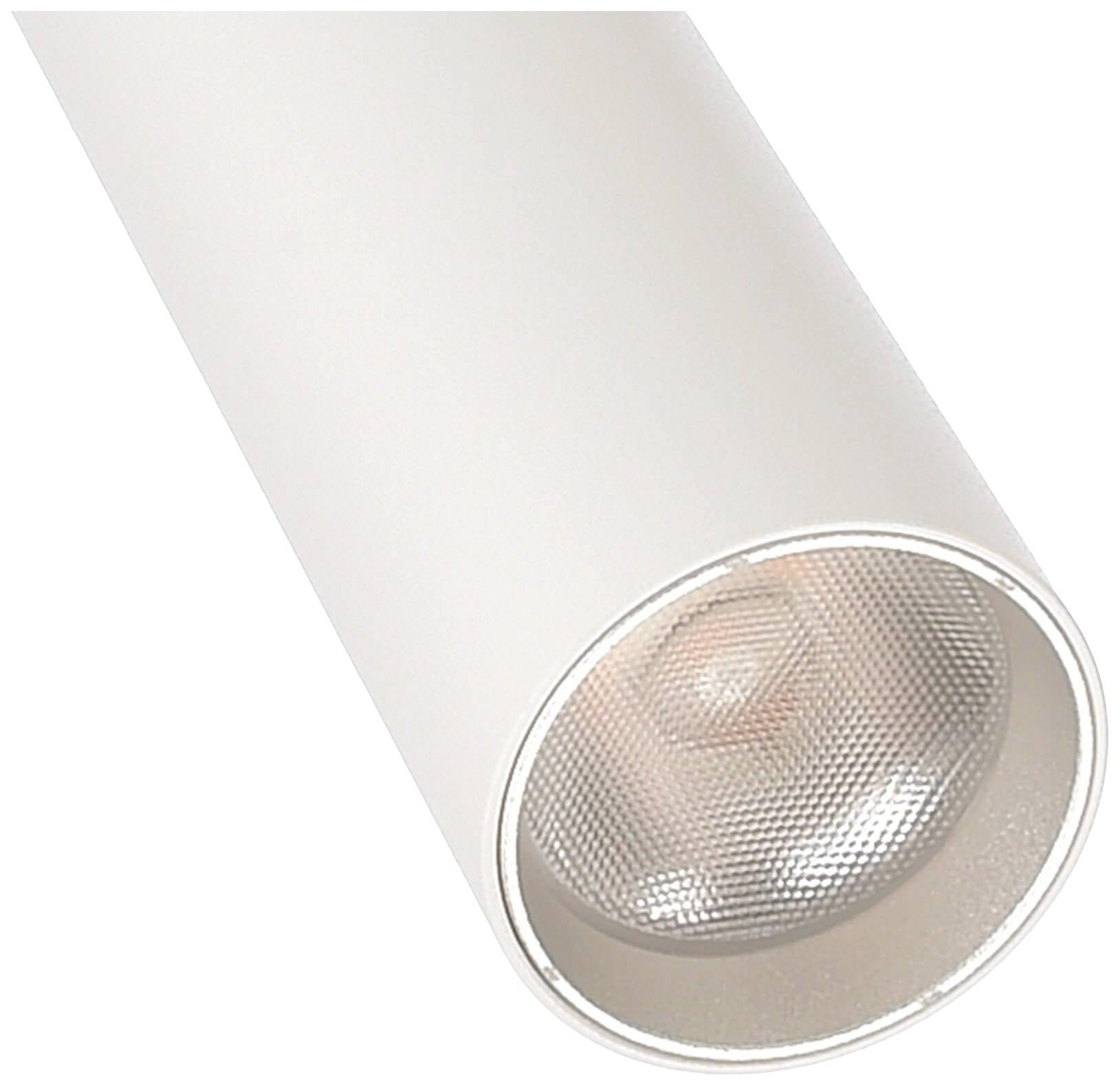 Weiße zylindrische Deckenleuchte mit sichtbarem Glühbirnenreflektor, geeignet für moderne Innenraumbeleuchtung.