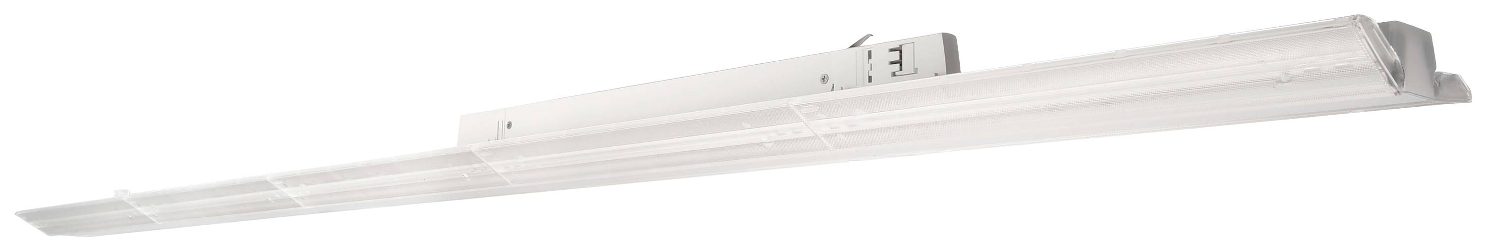 Eine weiße LED-Leuchte mit einem schmalen, länglichen Design, geeignet für Deckenmontage in Büros oder Wohnbereichen.