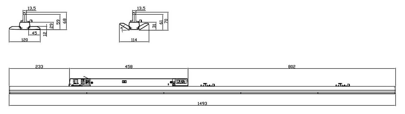 Technische Zeichnung einer Schienenbeleuchtungsanlage mit Maßen. Zeigt Detailansichten und Gesamtlänge von 1673 mm.