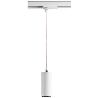 Schmale, zylinderförmige, weiße Deckenleuchte mit Kabel und Aufhängung an einer Metallschiene, minimalistisches Design.