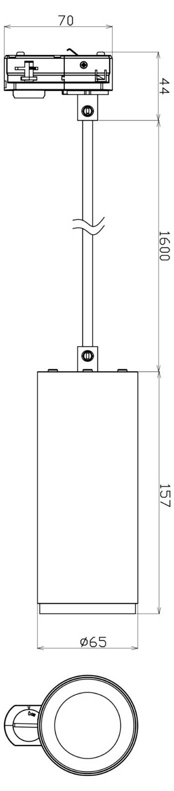 Technische Strichzeichnung einer Pendelleuchte mit rechteckiger Deckenhalterung, langem Hängekabel, zylindrischem Lampenschirm und seitlichem Knauf; Maße angegeben mit 1600 mm Höhe und 65 mm Breite.