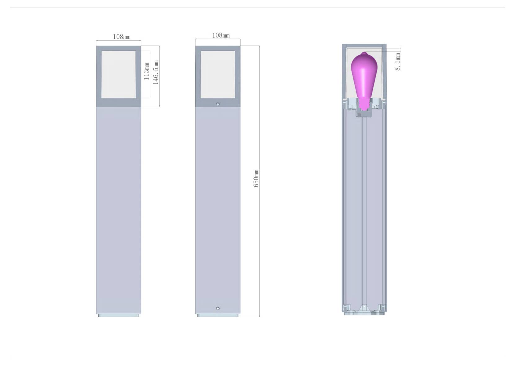 Technische Zeichnung eines schlanken, rechteckigen Geräts in Vorder-, Rück- und Schnittansicht mit Bemaßung, einschließlich einer Leuchte bzw. eines Sensors an der Oberseite im Querschnitt.