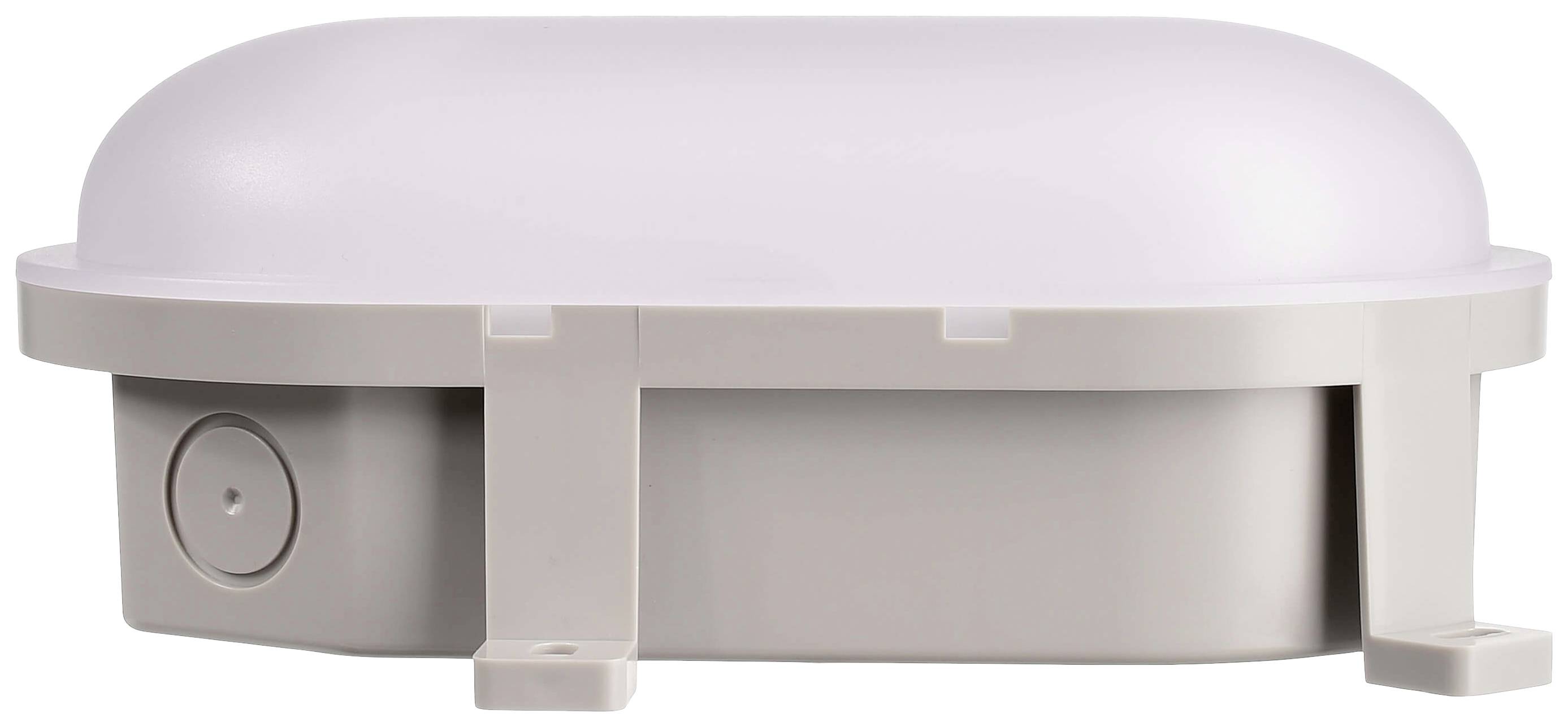 Ein ovales, weißes Gehäuse aus Kunststoff, das zur Montage vorbereitet ist. Es dient wahrscheinlich als Schutzabdeckung für Elektronik.