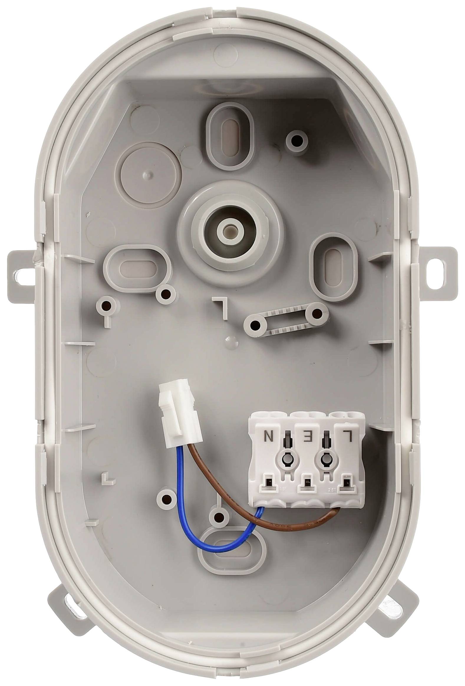 Eine ovale, graue Elektronikgehäuse-Innenseite mit Anschlüssen und Verkabelung. Enthält zwei farbige Kabel, eins blau und eins braun.