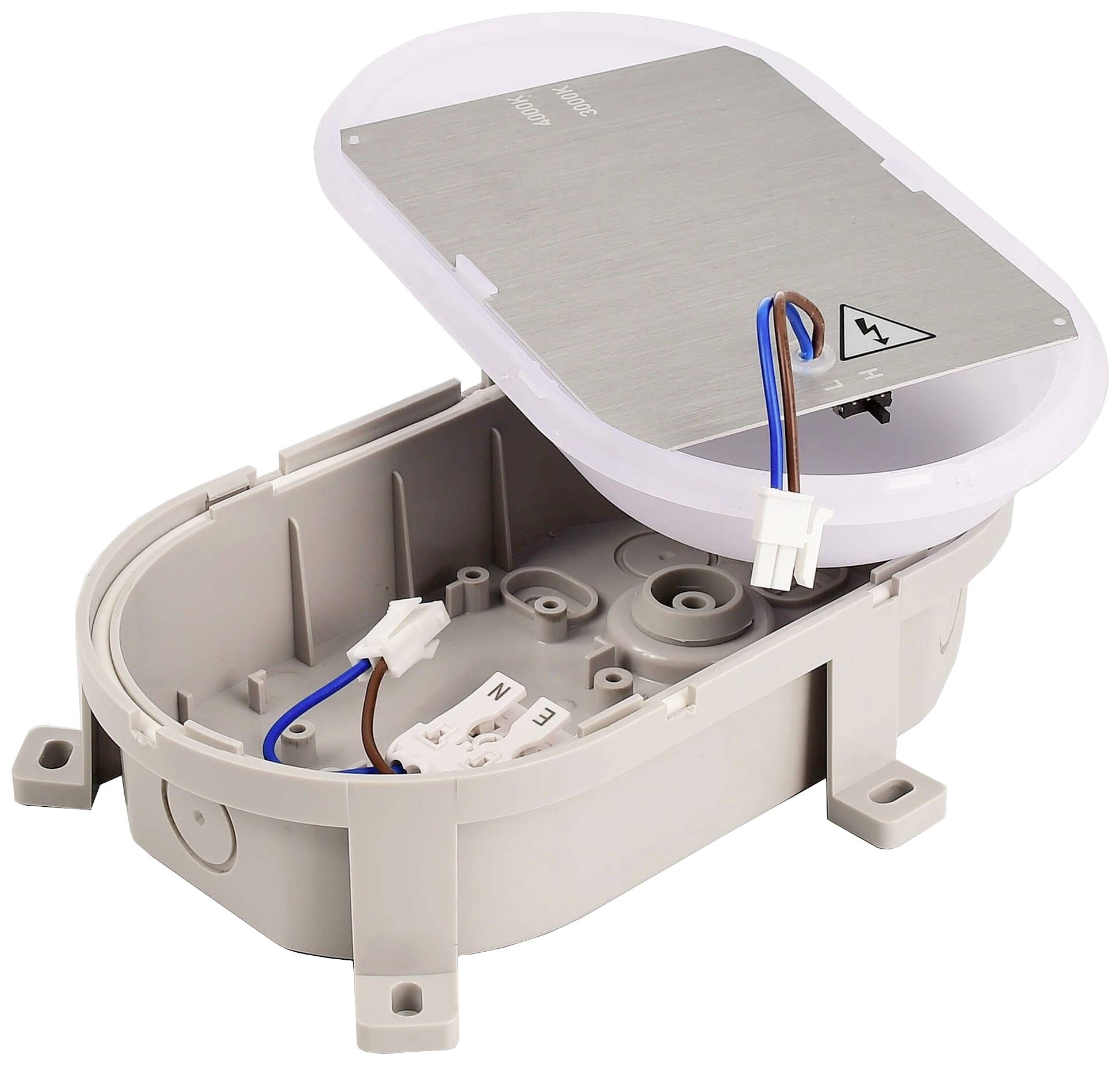 Offenes Kunststoffgehäuse mit freigelegtem Innenraum und sichtbaren elektrischen Anschlusskabeln.