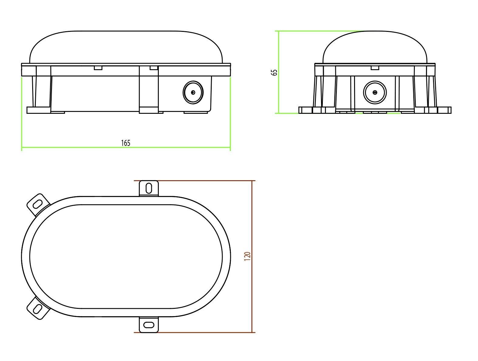 Technische Zeichnung eines ovalen Gehäuses mit Maßen: Höhe 65 mm, Breite 120 mm, Länge 165 mm. Ansicht von Seite und oben.