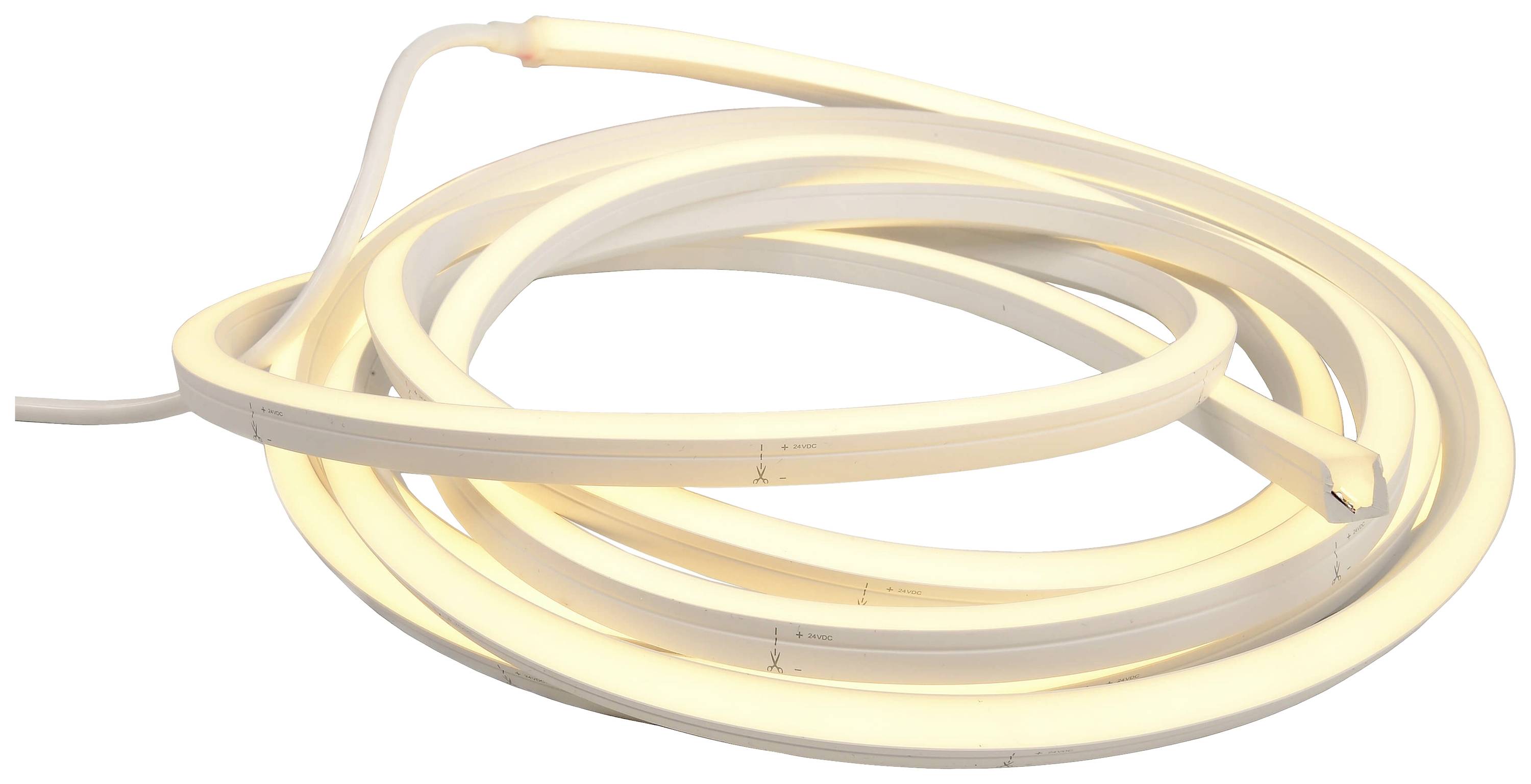 Ein zusammengerolltes LED-Lichtband, das warmes, gelbliches Licht abgibt.