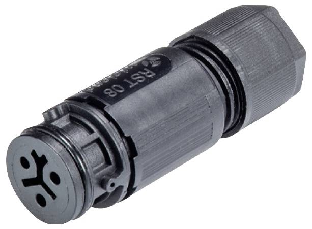 Schwarzer gewinkelter Elektrostecker mit drei Löchern, geeignet für den Anschluss in technischen Geräten. Stecker zeigt nach oben rechts.
