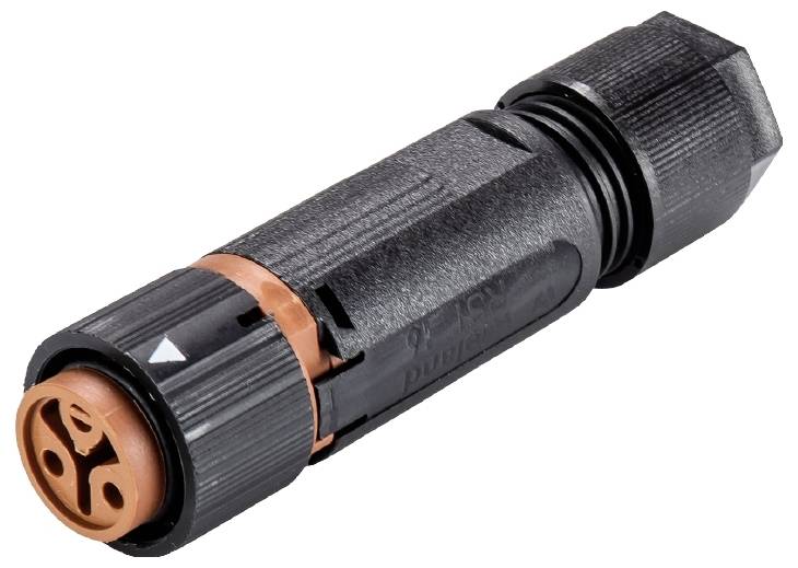 Ein schwarzer, zylinderförmiger Steckverbinder, teilweise geöffnet, zeigt orangefarbene Innenseite. Geeignet für Outdoor-Verkabelung.