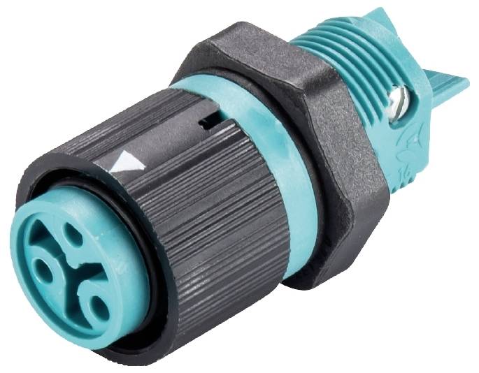 Ein schwarzer und türkiser elektrischer Stecker mit geriffeltem Griff und runden Steckverbindungen; geeignet für industrielle Anwendungen.