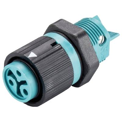 Ein schwarzer und türkiser elektrischer Stecker mit geriffeltem Griff und runden Steckverbindungen; geeignet für industrielle Anwendungen.