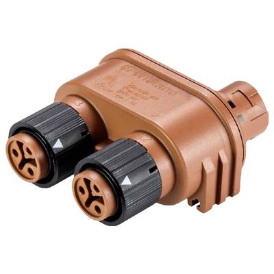 Ein orangefarbener elektrischer Steckverbinder mit zwei schwarzen Buchsen, verwendet für sichere elektrische Verbindungen, isoliert.