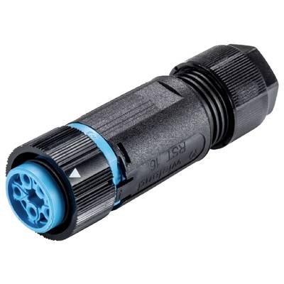 Ein schwarzer und blauer elektrischer Stecker für wasserdichte Verbindungen, geeignet für Industrieanwendungen.