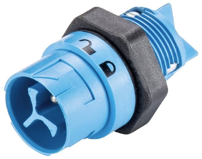 Ein blauer Kunststoffstecker mit schwarzem Gewinde und Sternform am Ende, häufig verwendet in elektrischen Verbindungen.