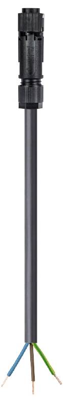 Ein schwarzes Kabel mit einem Stecker oben und drei farbige Drähte (braun, blau, grün-gelb) unten. Elektronikzubehör.
