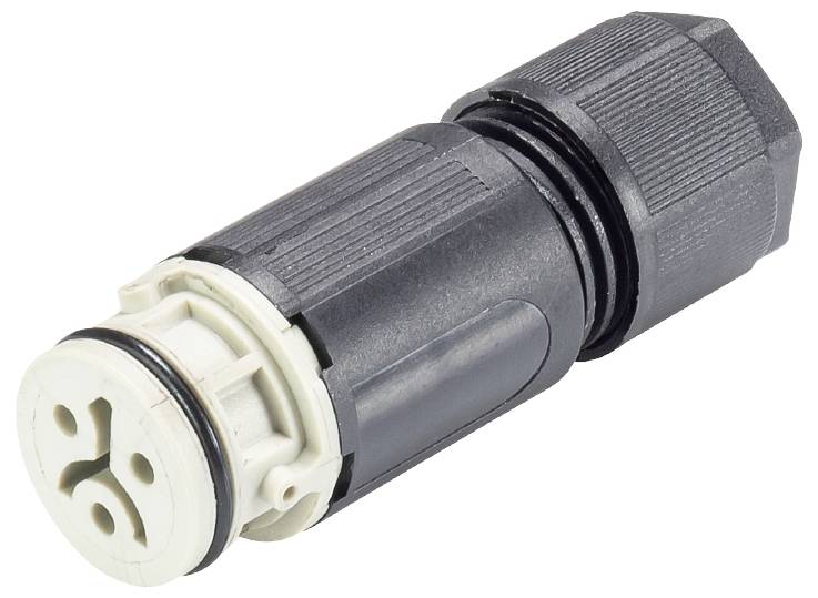 Ein schwarzer, zylindrischer Stecker mit drei runden Pins, geeignet für elektrische Verbindungen.