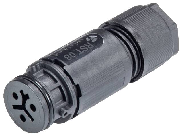 Ein schwarzer, zylindrischer Stecker mit Gewinde und einem Symbol auf der Vorderseite, möglicherweise für industrielle Verbindungen.