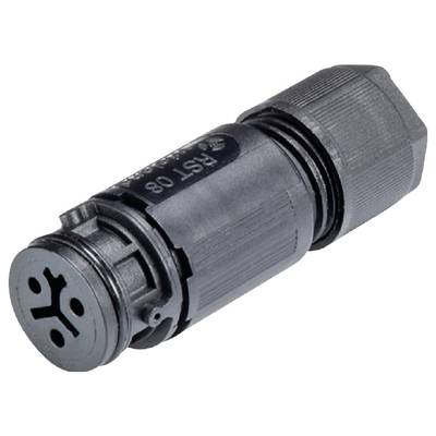 Ein schwarzer, zylindrischer Steckverbinder mit mehreren Steckplätzen und einem gerändelten Griff. Verwendet zum Verbinden von Kabeln.