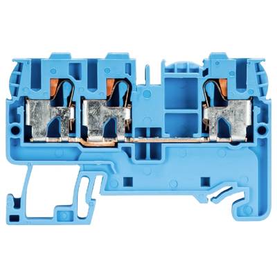 Ein blauer elektrischer Steckverbinder mit Metallkontakten, sichtbar sind zwei Steckplätze.