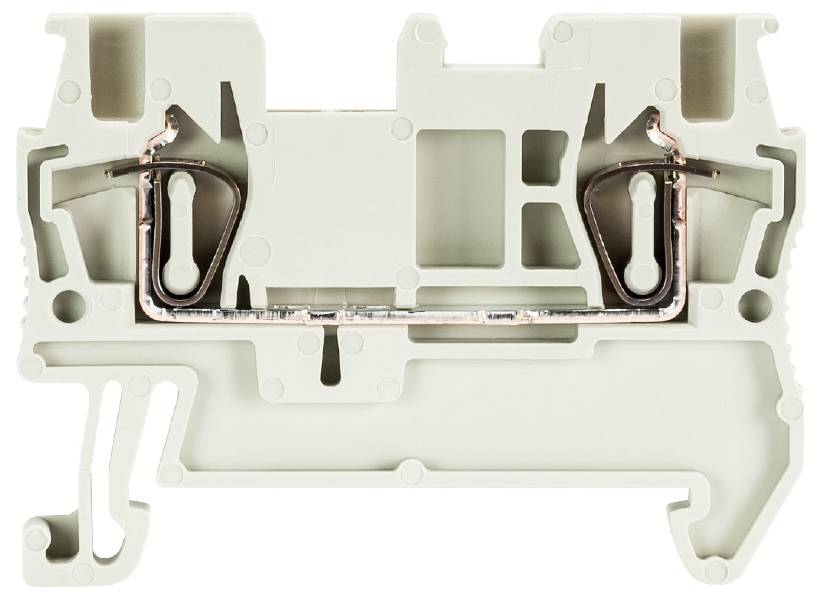 Einfacher elektrischer Reihenklemmenblock aus Kunststoff mit Kupferleiter, seitlicher Halteclip. Verwendet für Schalttafelverdrahtung.