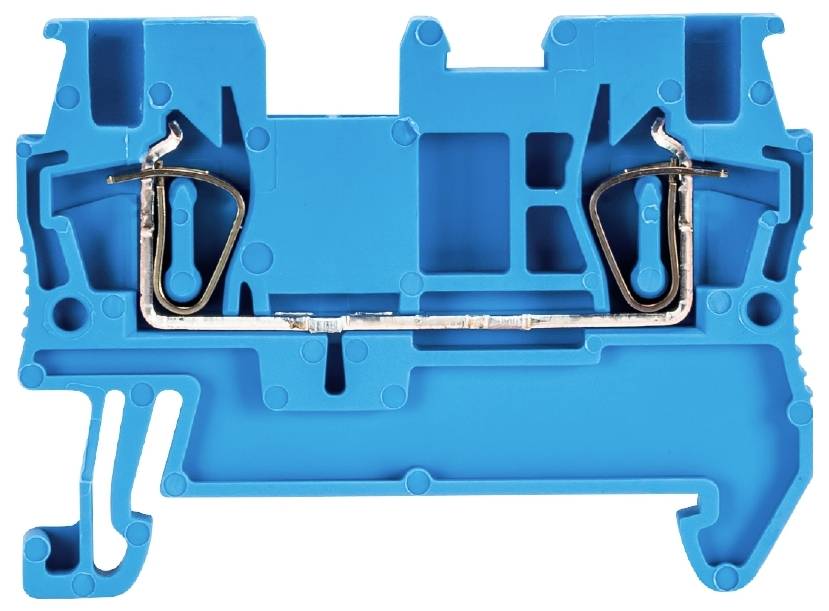 Blauer elektrischer Reihenklemmenblock mit Metallkontakten und Montagehalterungen, häufig in Schalttafeln verwendet.