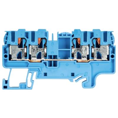 Elektrische Klemmleiste: Blaue Kunststoffbasis mit drei Metallverbindungen, die für elektrische Verdrahtung in Schaltschränken eingesetzt wird.