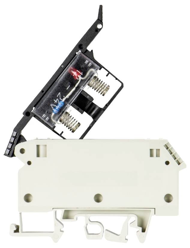 Weißes elektronisches Bauteil mit zwei gefederten Clips und schwarzem Steckaufsatz, verwendet für elektrische Schaltkreise.