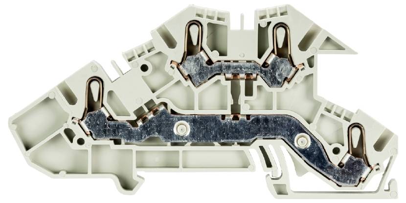 Graues elektrisches Klemmenmodul mit mehreren eingebauten Leiterbahnen, die für den Anschluss elektrischer Drähte verwendet werden.