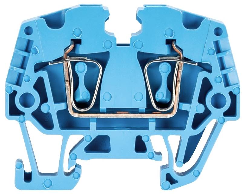 Ein blauer elektrischer Klemmverbinder mit Metallstreifen, die den Stromfluss ermöglichen; zeigt eine Draufsicht der Komponenten.
