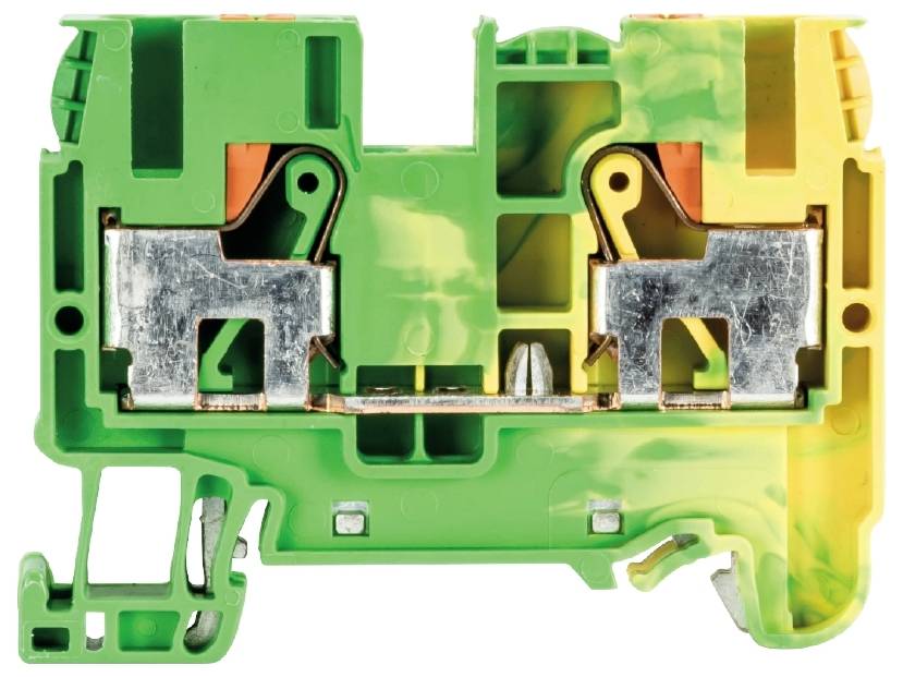 Grüner und gelber elektrischer Steckverbinder mit Metallkontakten, dargestellt mit Fokus auf Struktur und Aufbau.