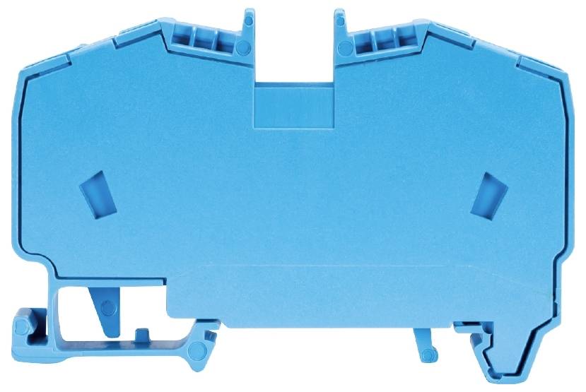 Ein blauer DIN-Schienen-Reihenklemme, die zur elektrischen Verbindung von Leitungen in Schaltschränken eingesetzt wird.
