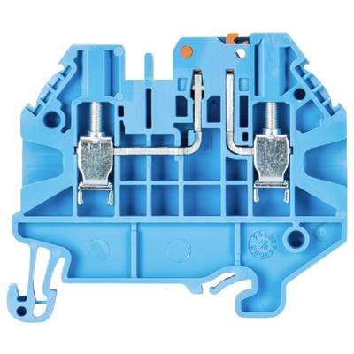 Ein blauer, modularer elektrischer Reihenklemmenblock mit Schraubanschlüssen und Metallverbindungen, zur Montage auf DIN-Schienen.