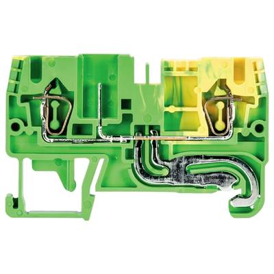 Grün-gelber Erdungsklemmenblock mit Metallverbindungen und klaren Kunststoffklemmen. Elektrisches Bauteil zur Schaltschrankmontage.