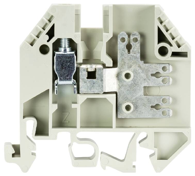 Klemmblock aus Kunststoff mit Metallkomponenten. Wird zur elektrischen Verbindung und Verdrahtung in Schaltschränken genutzt.