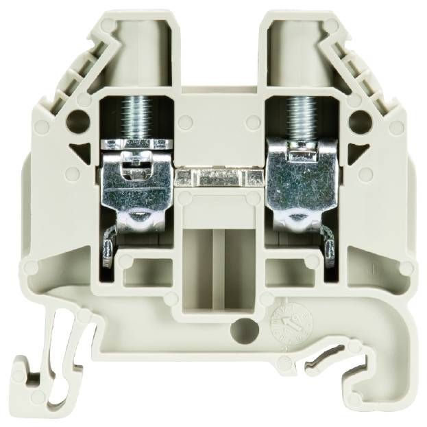 Ein zweireihiger, grauer Klemmblock aus Kunststoff für elektrische Leitungsverbindungen, mit metallischen Schraubklemmen und Montagehaken.