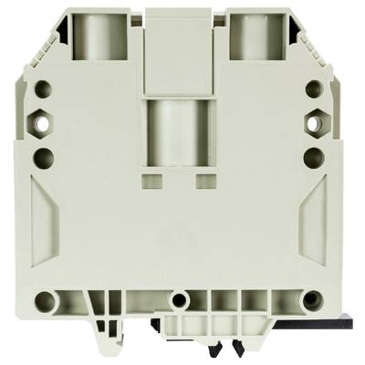 Ein grauer elektrischer Klemmblock mit mehreren Anschlüssen und Befestigungslöchern, typisch für industrielle Verdrahtungen.