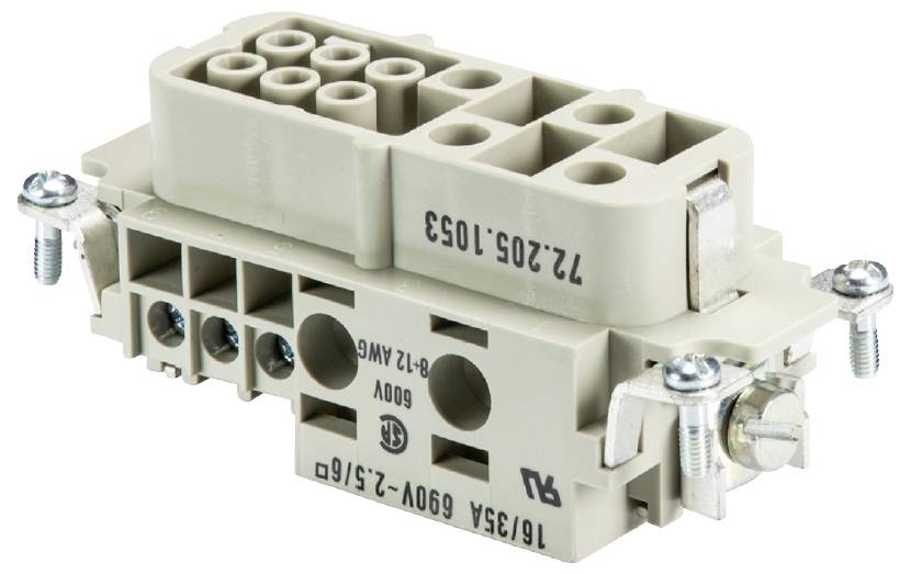 Industrieller Steckverbinder mit mehreren Anschlussmöglichkeiten, beige, rechteckige Form, Schraubbefestigung an den Seiten.