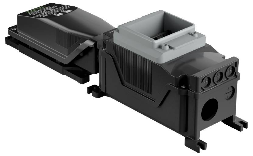 Elektronisches Bauteil mit zwei rechteckigen Gehäusen und mehreren Anschlüssen. Verwendet in elektrischen oder industriellen Anwendungen.