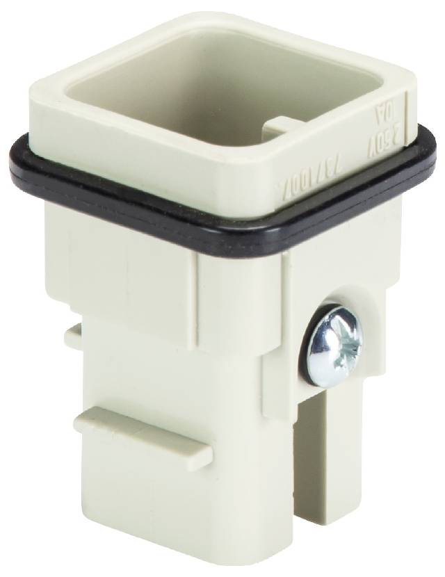 Eine quadratische, beige Buchse mit schwarzem Dichtungsring und seitlicher Befestigungsschraube. Geeignet für elektrische Verbindungen.